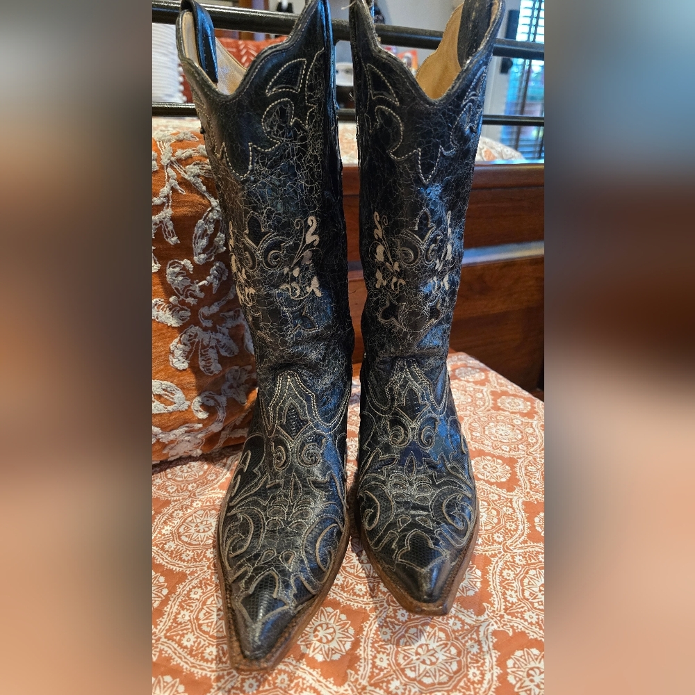 Corral Vintage **PRICE DROP! **C2108 Black Lizard Inlay Snip Toe Boot Size 9.5 - Picture 3 of 9